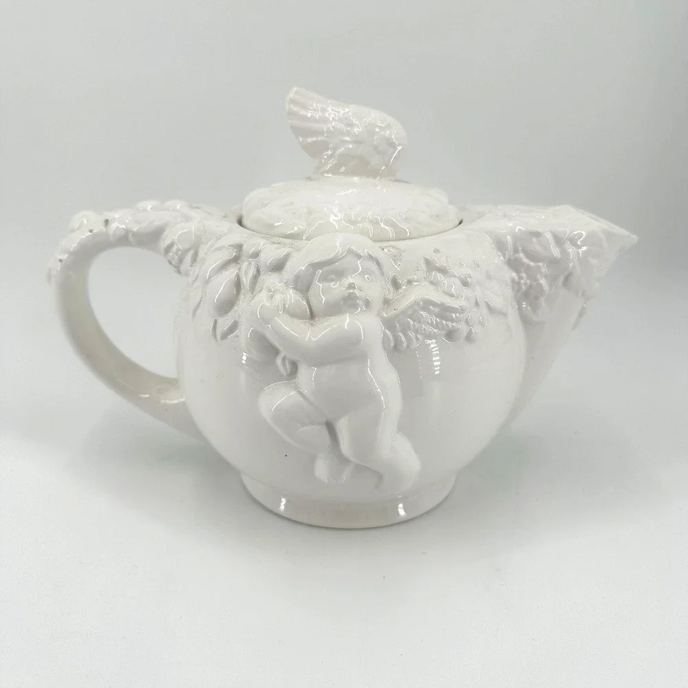 Vintage White Ceramic Cherub Angel Relief Teapot w/ Lid‎ FWC Decorative